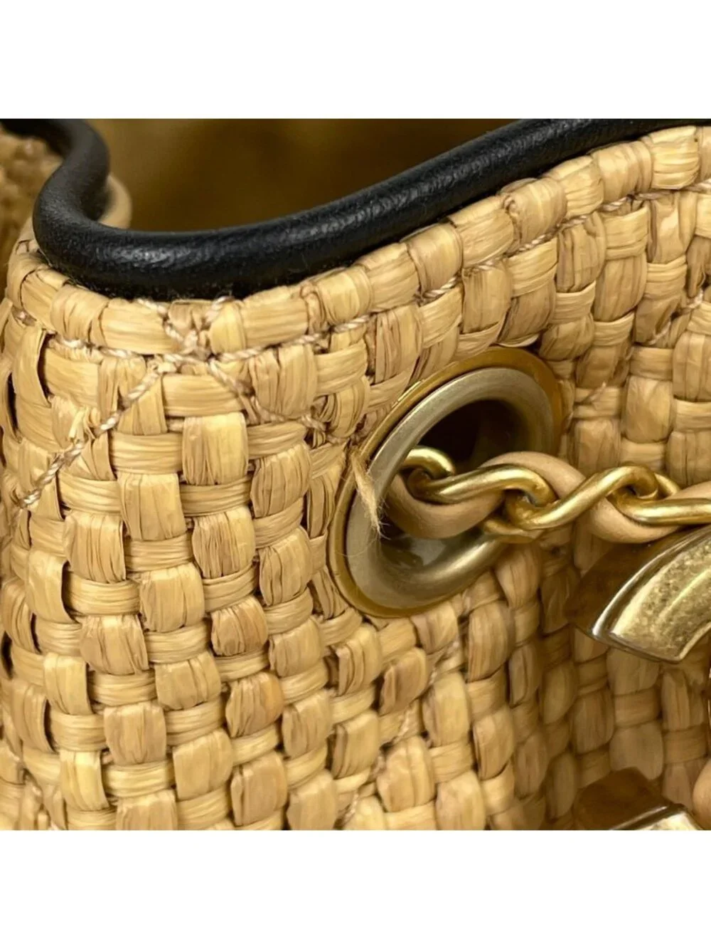 Chanel 25 Mini Handbag CC Logo Raffia Beige Black